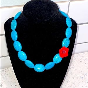 J. Crew Turquoise Beaded Necklace with Red Rose Accent